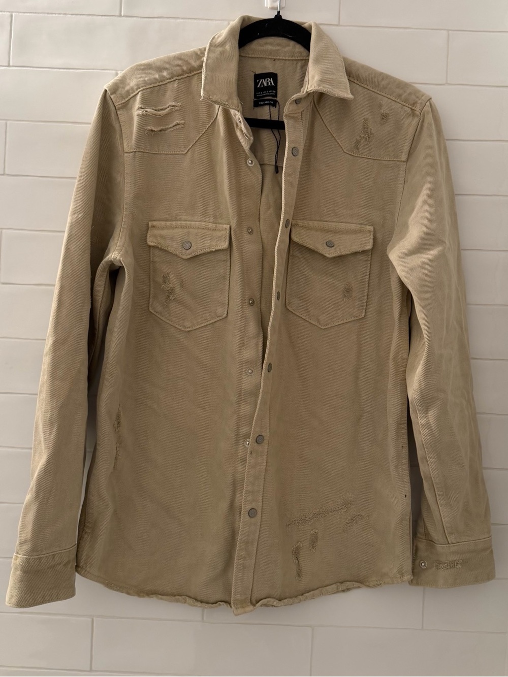 ZARA Men's Beige Distressed Corduroy Shirt Jacket